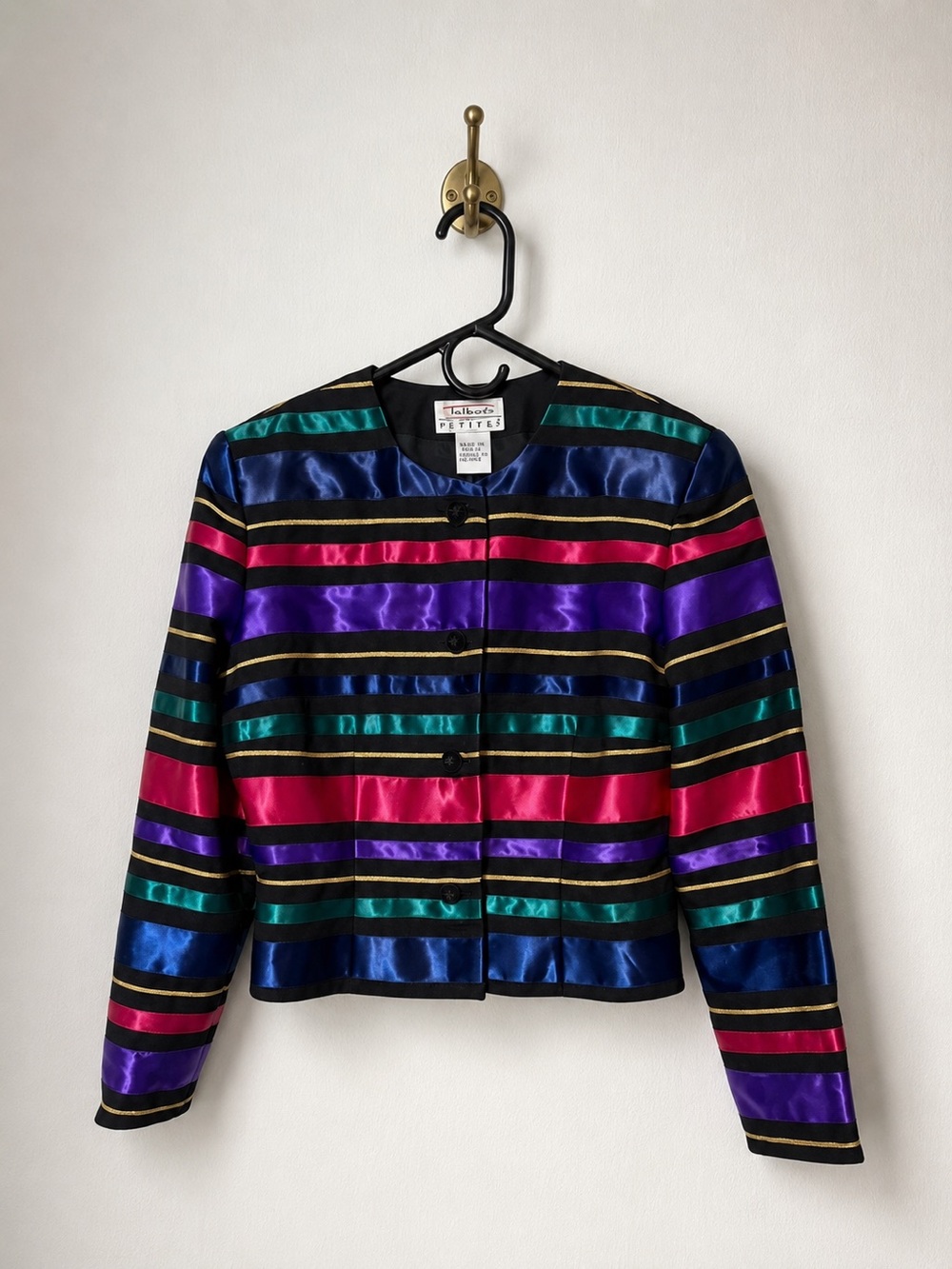 Talbots Multicolored Rainbow Stripe Blazer Jacket Size 8P Jewel Tone Satin